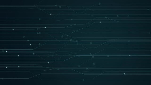 Seamless looping dark blue motion background featuring glowing cyan circuit board lines and data node particles for tech presentations.