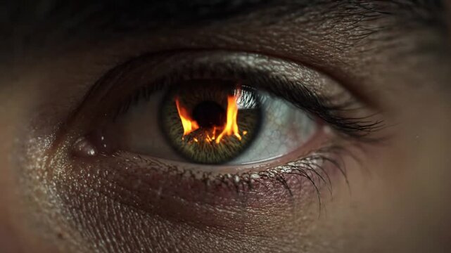Close-Up of Human Eye Reflecting Flaming Fire. 4K Video