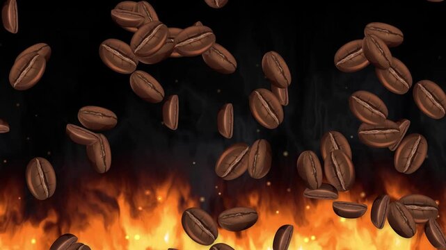 Roasted Coffee Beans Falling Over Intense Burning Fire Flames