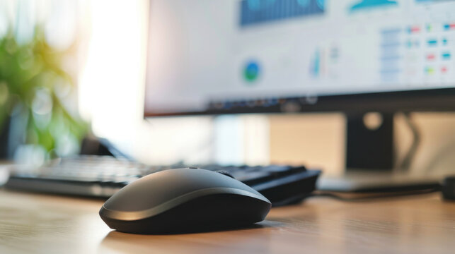 Close-up of Computer Mouse Next to Keyboard and Screen in Office