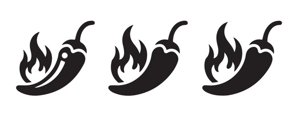 Obraz premium Burning chili pepper silhouette icon set in black color for fiery spicy food labels and restaurant menus.