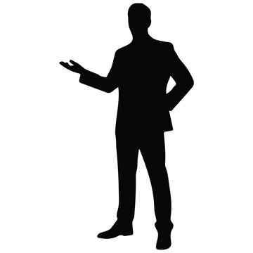 Businessman standing in suit making presenting gesture with hand black silhouette isolated.