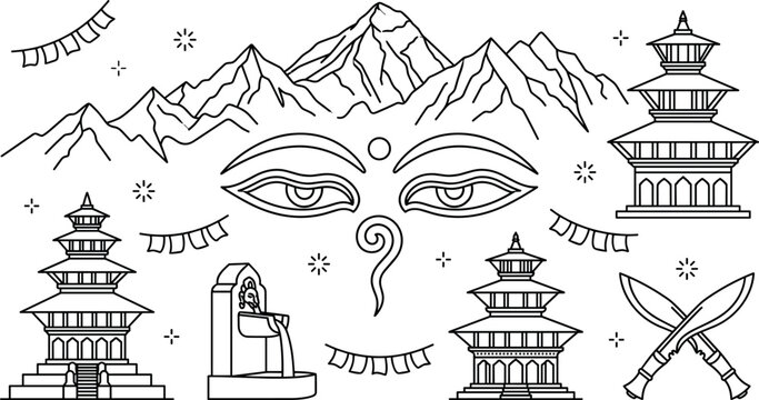Nepal Culture Landmark Vector Outline Set with Buddha Eyes Himalayas Pagoda Temple and Khukuri Knife Icons for Tourism Designs