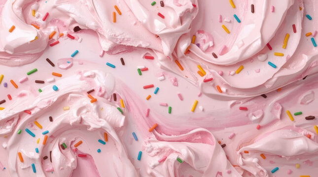 Pink ice cream background with colorful sprinkles creating playful dessert texture