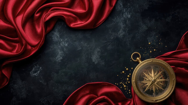 Compass red silk dark background with flowing fabric and vintage navigation compass creating