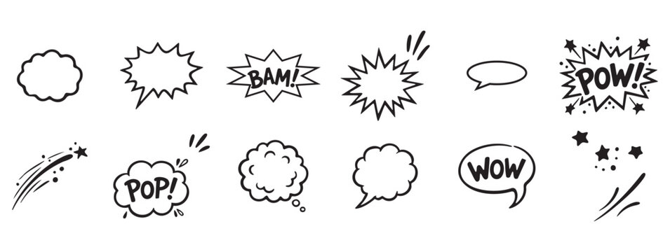 Comic cartoon line splash set.  Hand Drawn Doodle Elements Vector. Comic cartoon line splash set.  Hand drawn comic line splash effect with cartoon pop icon boom wow.