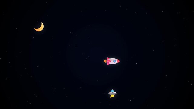 2D Flat Animation of a Spaceship and UFO Flying in Starry Night Sky