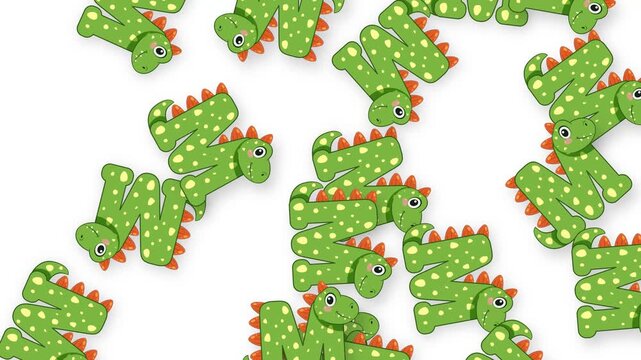 Animated Green Dinosaur Alphabet Letter M Falling on White Background