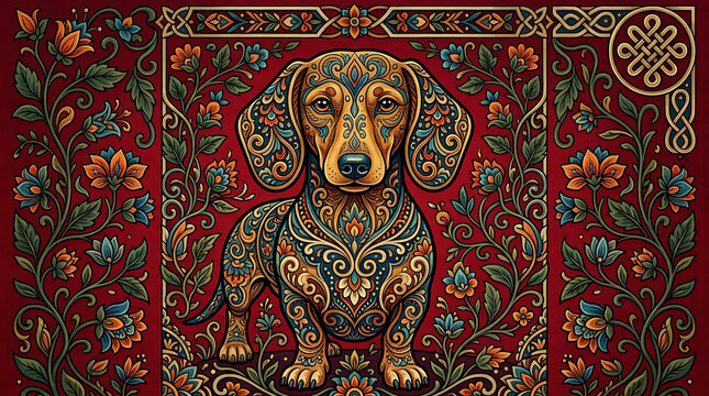 An ornate dachshund stands proudly amidst lush floral vines and rich red tapestry patterns evoking traditional folk artistry across the entire captivating vintage composition displayed here
