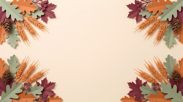 Autumn seasonal border frame with wheat stalks and fall leaves on light background seasonal thanksgiving background