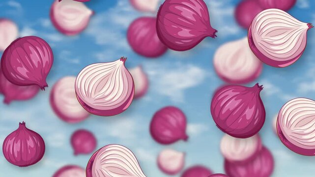 Animated Red Onions Falling Against a Bright Blue Sky Background