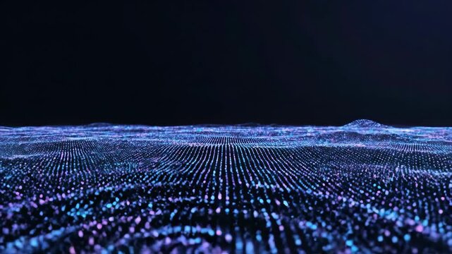 Abstract digital landscape with glowing blue data particles moving in a futuristic wave.