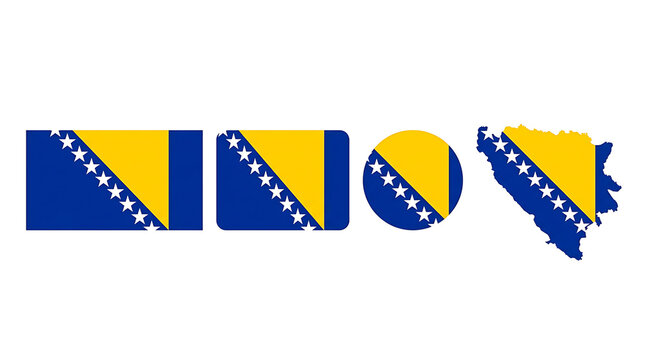 A comprehensive collection featuring the national flag of Bosnia and Herzegovina rendered in various geometric shapes alongside its official geographic map outline for patriotic designs