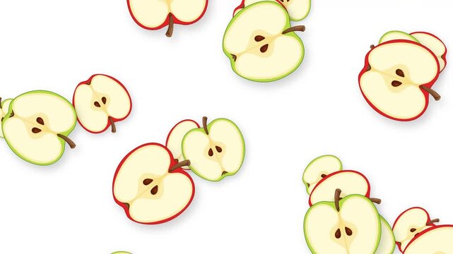 Animation of Sliced Red and Green Apples Falling on White Background
