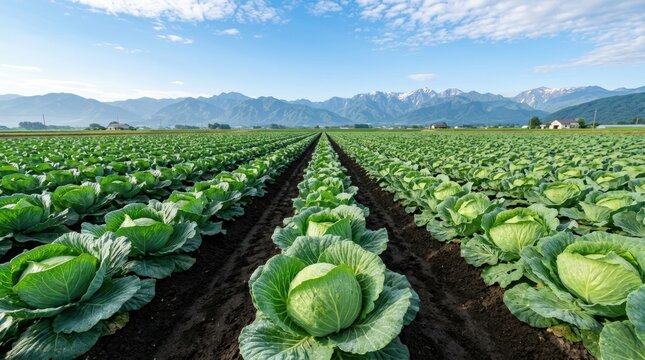 A neat row of vibrant green cabbages (kyabetsu) stretching to the horizon in a flat field in Nagano, each cabbage large, round, perfectly formed. Morning dew glistens on the leaves.