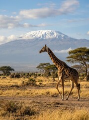 Fototapeta premium A tall giraffe stands gracefully in a savanna landscape, gazing towards a majestic Mount Kilimanjaro. Several elephants graze in the distance, while scattered trees dot the golden grassland.
