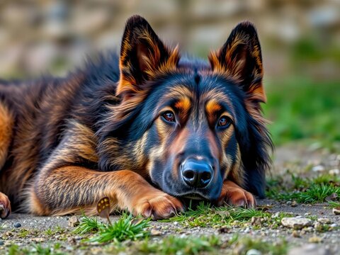 Lying Down Estrela Mountain Dog with Brindle Coat, brindle coat, furry