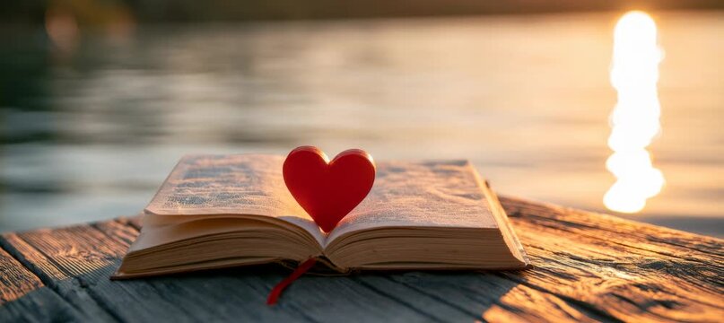 Red heart love symbol on open book against sunset lake. Generative video AI technology.