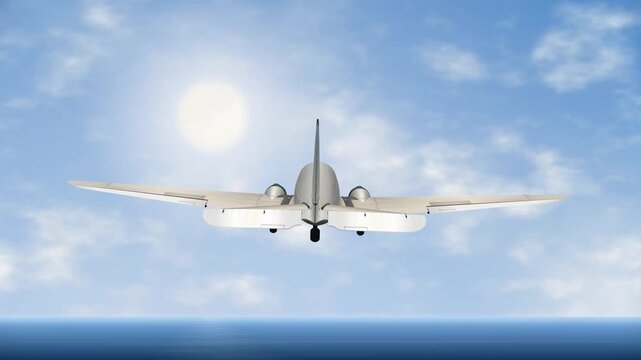 Vintage Twin Engine Propeller Plane Flying Over Ocean Under Sunny Sky