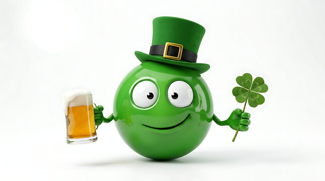 A cheerful green character wearing a traditional leprechaun hat proudly holds a refreshing glass of golden beer alongside a lucky four leaf clover representing festive holiday celebrations