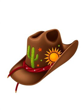 "Vector-illustrated cowboy hat with hand-drawn cactus and sun symbols", hats, desert
