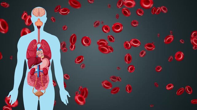 Human Anatomy Diagram with Falling Red Blood Cells Animation