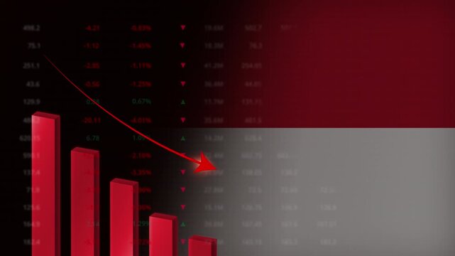 Economic crisis in Indonesia concept background.Red falling graph animation with Indonesian flag.Stock market crash