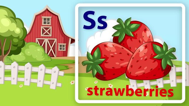 Educational Alphabet Animation Featuring Letter S and Strawberries on Farm Background