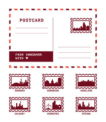 Obraz premium Canada cities postcard templates set with postal stamps and landmarks of Toronto, Vancouver, Calgary, Hamilton, Edmonton, Ottawa, Winnipeg. Clean vector mock up, postal card constructor