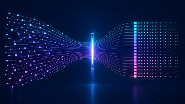 Abstract digital visualization of chaotic data points passing through a filter to become an organized information grid