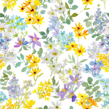Watercolor Minimal Floral Seamless Pattern with Abstract Yellow, Blue, and White Wildflowers and Leaves for Fabric, Stationery, Wallpaper, and Surface Design