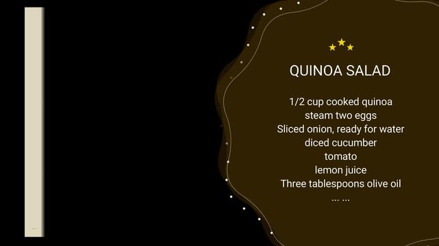 Quinoa salad recipe menu card template with elegant gold decorative frame on a black background.