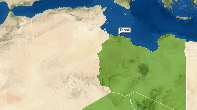 Satellite geography map showing North African territory highlighted in green with its capital city pointer marked clearly for geographical studies, navigation research and educational projects