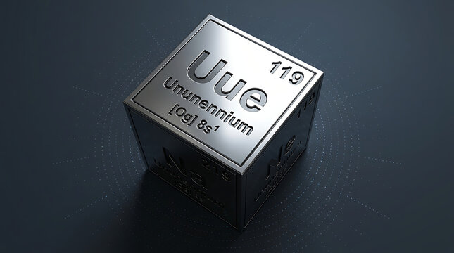 A conceptual metallic block displays the periodic table symbol for ununennium resting upon a dark textured surface representing hypothetical chemistry discoveries and advanced physics theories
