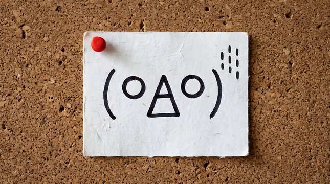 A funny handwritten Japanese emoticon with a quirky facial expression is pinned onto a corkboard using a bright red pushpin during work hours inside a busy office room for creative communication