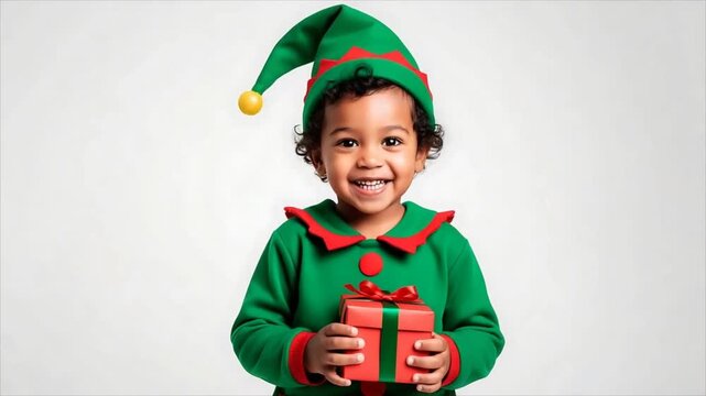 Happy african american kid in green elf costume holding red gift box and smiling. Child in christmas helper outfit. Holiday celebration, new year and merry christmas concept