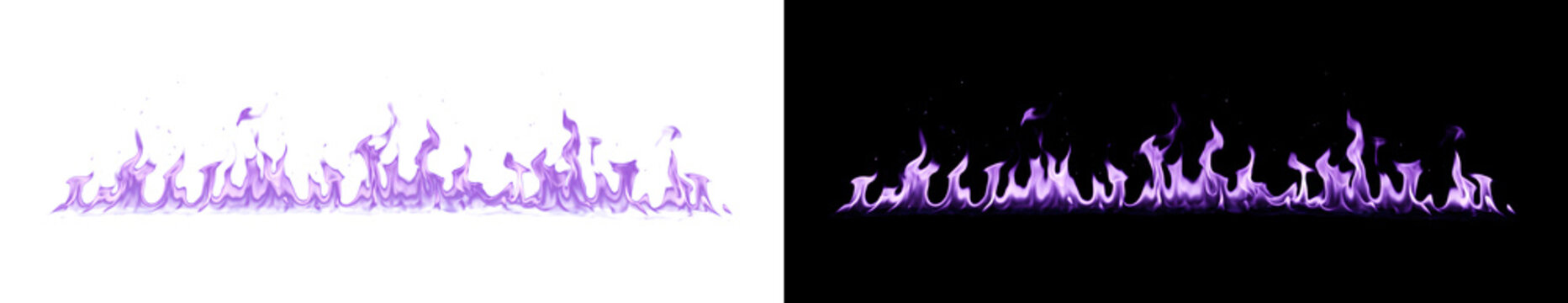Purple fire flames row burning along horizontal ground line ideal for mystical and fantasy themed border design projects featuring PNG, Transparent and Black Background Versions