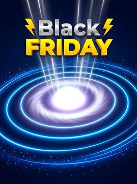 Futuristic Black Friday sale poster design featuring glowing blue light portal circles, energetic beams, and lightning bolt icons.