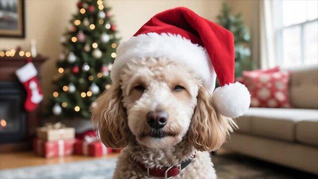 Cute poodle dog in santa hat looking at camera in cozy living room with christmas tree, gifts and fireplace. Merry christmas and new year holiday celebration concept with adorable puppy pet