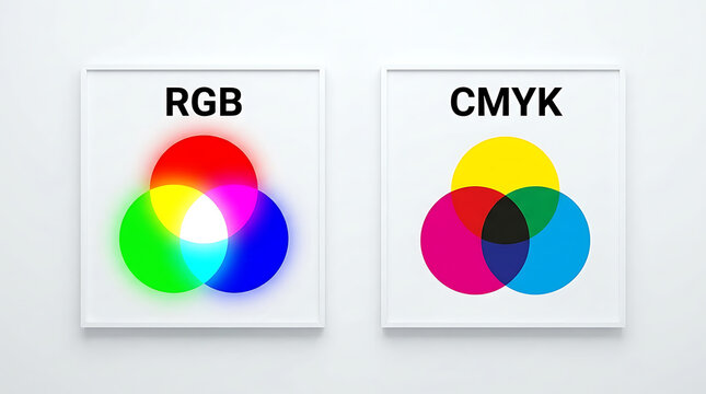 Educational frames displaying colorful primary additive RGB light spectra alongside subtractive CMYK pigment printing charts for graphic design education showing digital versus print spectrum