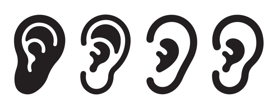 Ear silhouette icons collection black graphic design elements for hearing loss medical apps or audiology services.