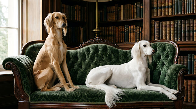 Two elegant Saluki hounds rest gracefully together on a luxurious velvet green sofa inside a traditional historic library filled with countless antique wooden bookshelves displaying old