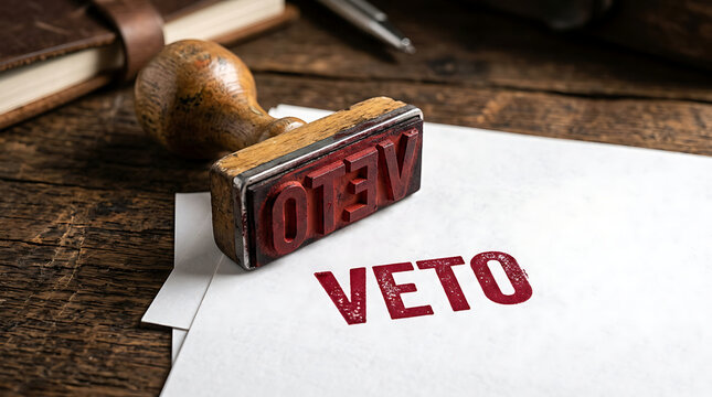 A wooden rubber stamp rests on paperwork displaying a red ink impression conveying an official rejection, political authority, governance decisions, legal policies, and administrative choices