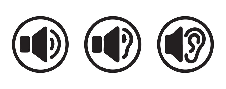 Volume speaker and ear combination icons in circular frames demonstrate audio accessibility and listening.