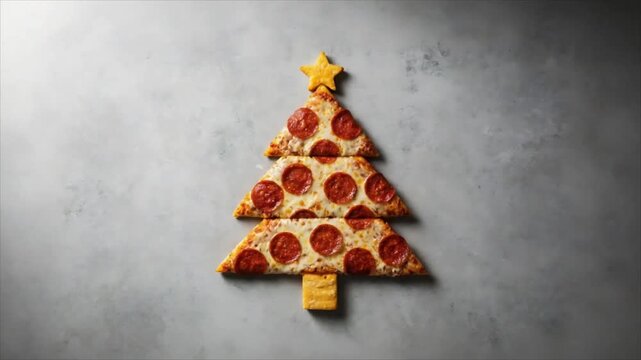 Christmas tree made of pepperoni pizza slices on gray stone background. Creative holiday food concept for festive party and New Year celebration table