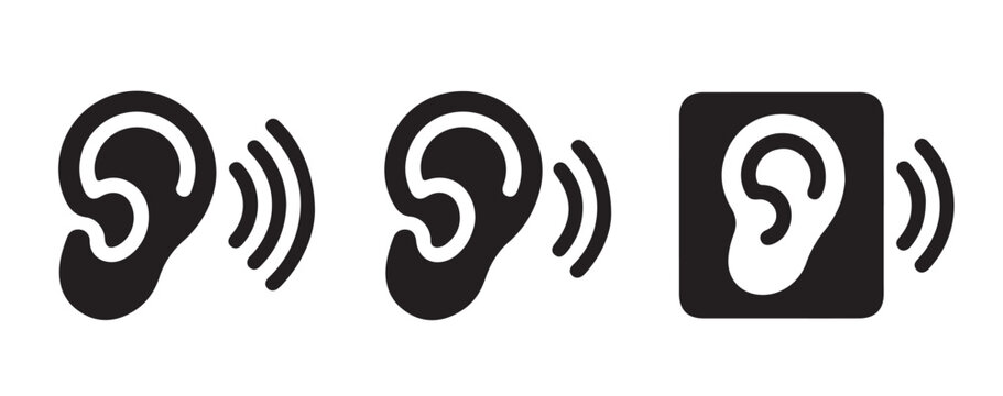 Professional ear and audio wave icons for hearing loss awareness and audiology medical testing applications.
