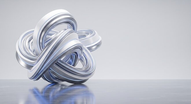 Abstract 3d rendering featuring complex parametric fluid ribbon architecture with metallic surfaces and soft lighting