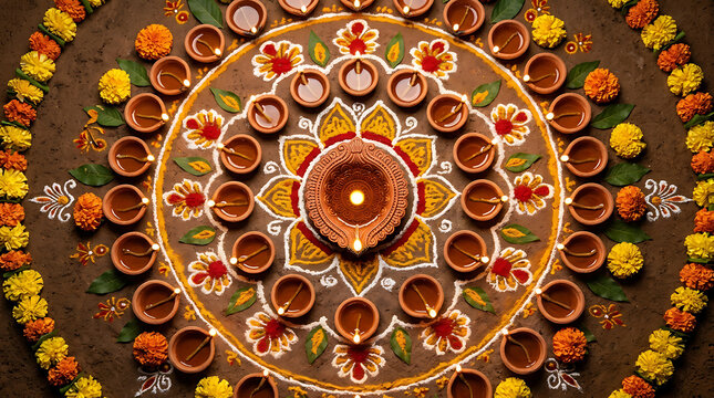 Traditional oil lamps lit during diwali festival celebration with floral pattern
