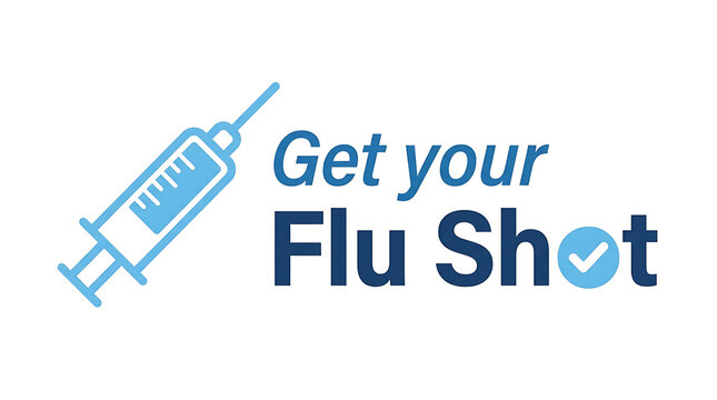 Medical campaign featuring a blue syringe graphic alongside bold typography urging patients to prioritize their health and wellness through timely preventative care and immunization