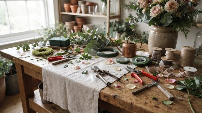 Flower arranging tools on work table with natural elements  